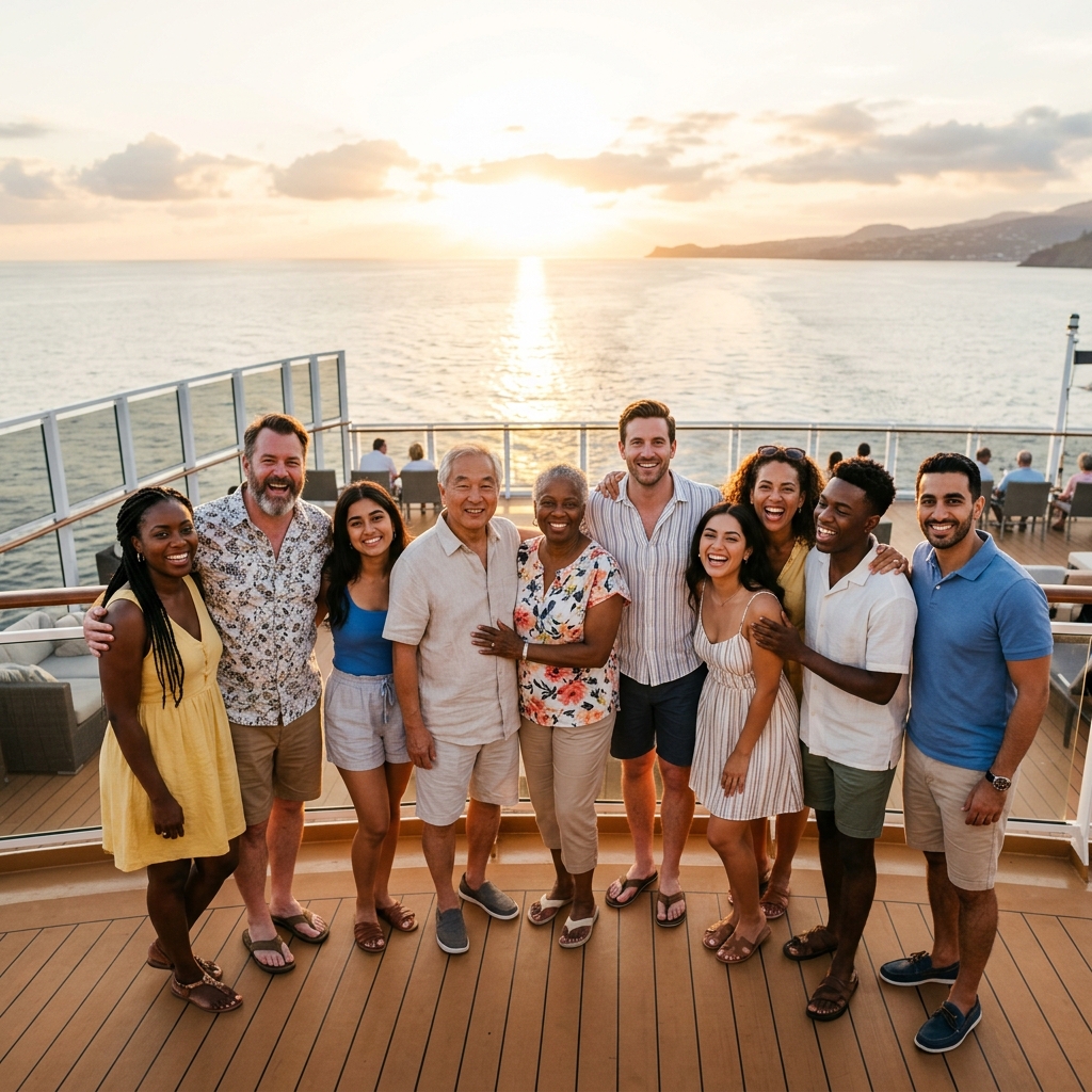Happy travel group on a cruise ship